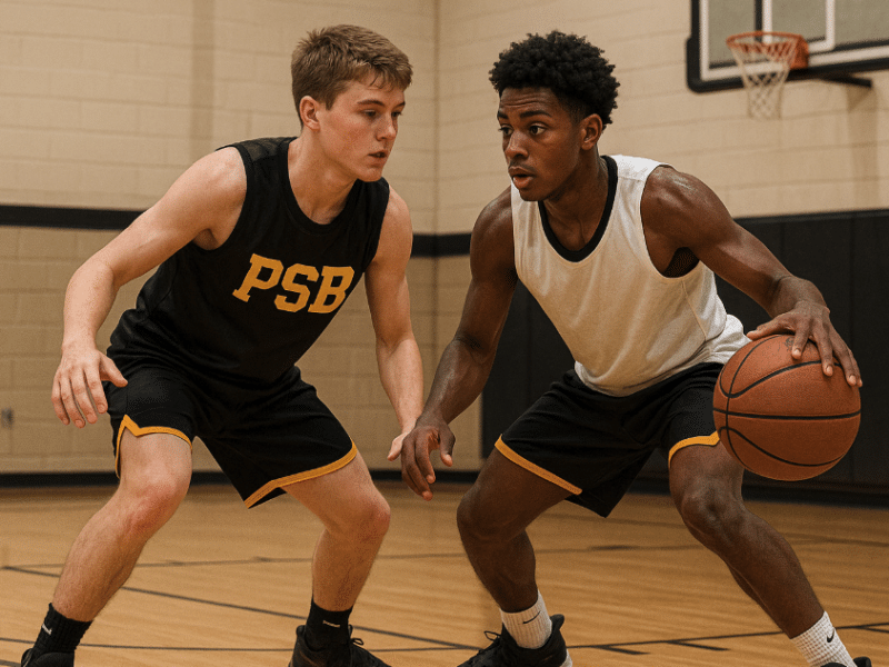 Youth basketball players doing top 5 drills for individual skill development in a gym